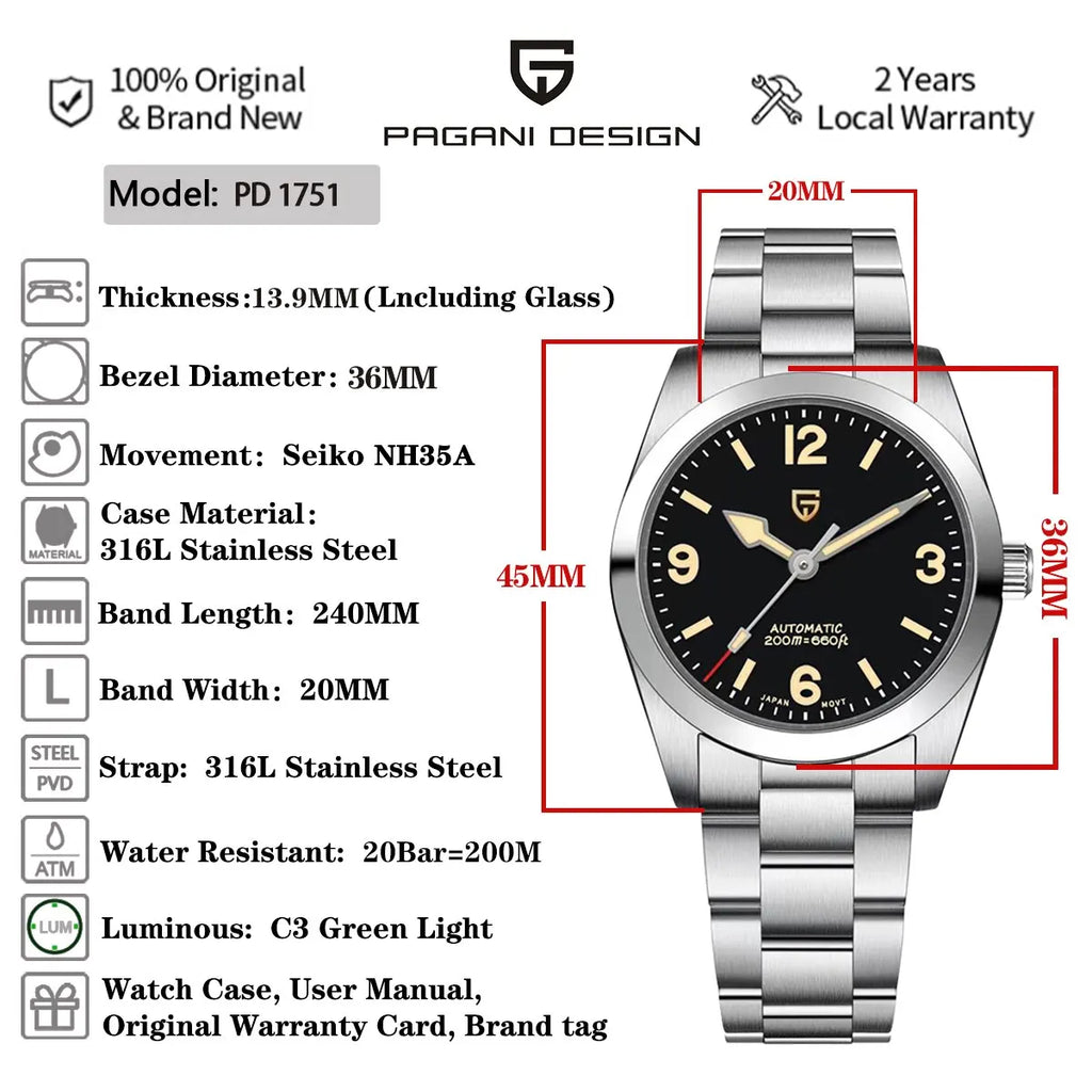 PAGANI DESIGN 2026 New 36MM Men Automatic Mechanical Watches NH35 Sapphire Stainless Steel AR Coating 20Bar Clock Watch for Men