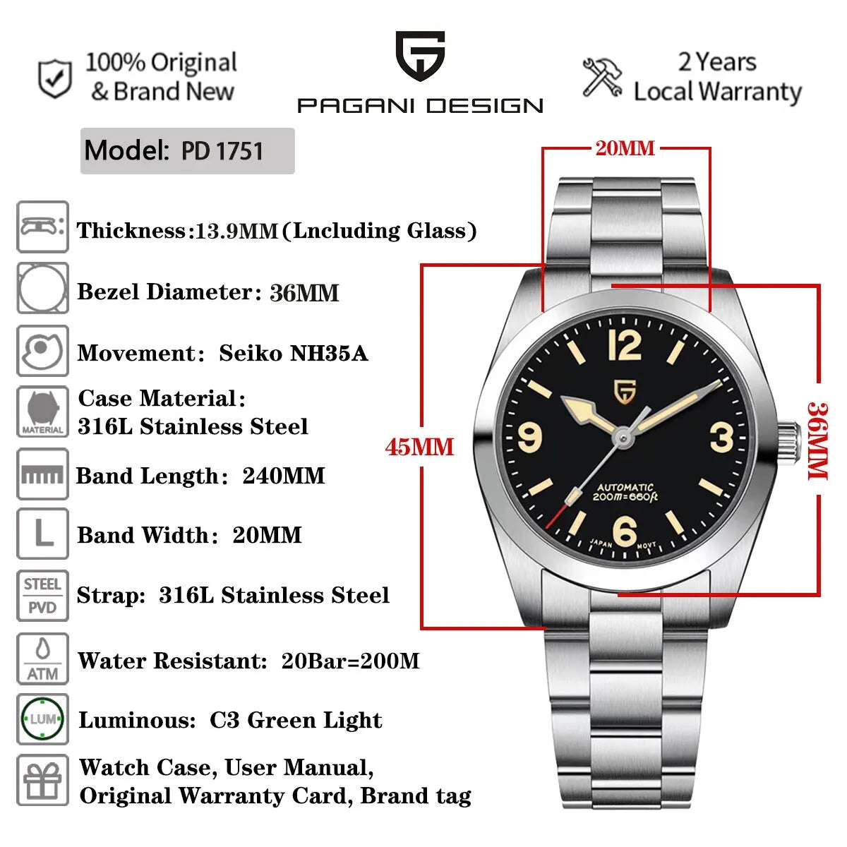 PAGANI DESIGN 2026 New 36MM Men Automatic Mechanical Watches NH35 Sapphire Stainless Steel AR Coating 20Bar Clock Watch for Men