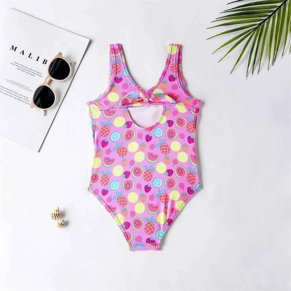 Girls' one-piece cartoon print swimsuit, children's polka-dot animal one-piece swimsuit with hollow back, beach wear