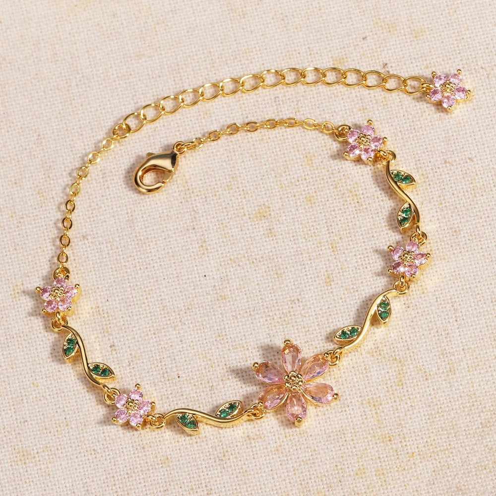 Luxury New Fashion Exquisite Green Leaf Flower Bracelet For Women Pink Cubic Zirconia Chain Shiny Rhinestone Bangle Jewelry