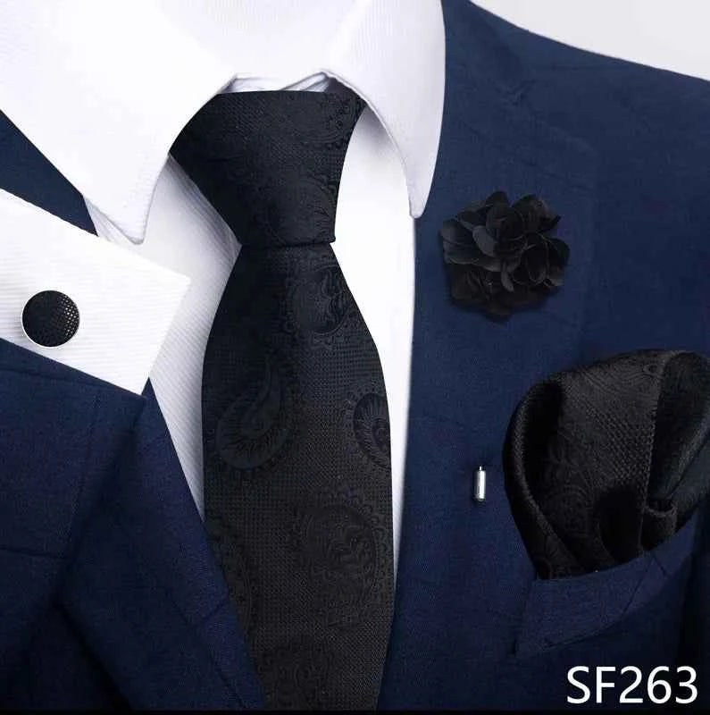 Luxury Mens Ties Floral Black Gold Ties Paisley NeckTie Pocket Square Cufflinks Brooch Set Men's Wedding Party Tie