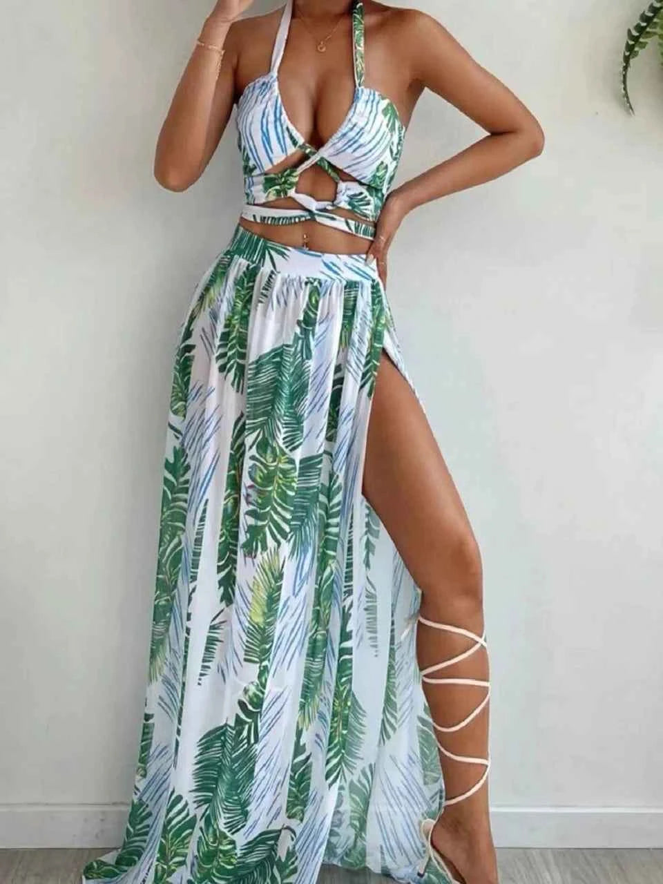 3 Pieces Print Cross Bikini 2025 Women Sexy Halter Swimsuit & Cover Up Beach Dress Swimwear Bathers Bathing Swimming Suit Summer