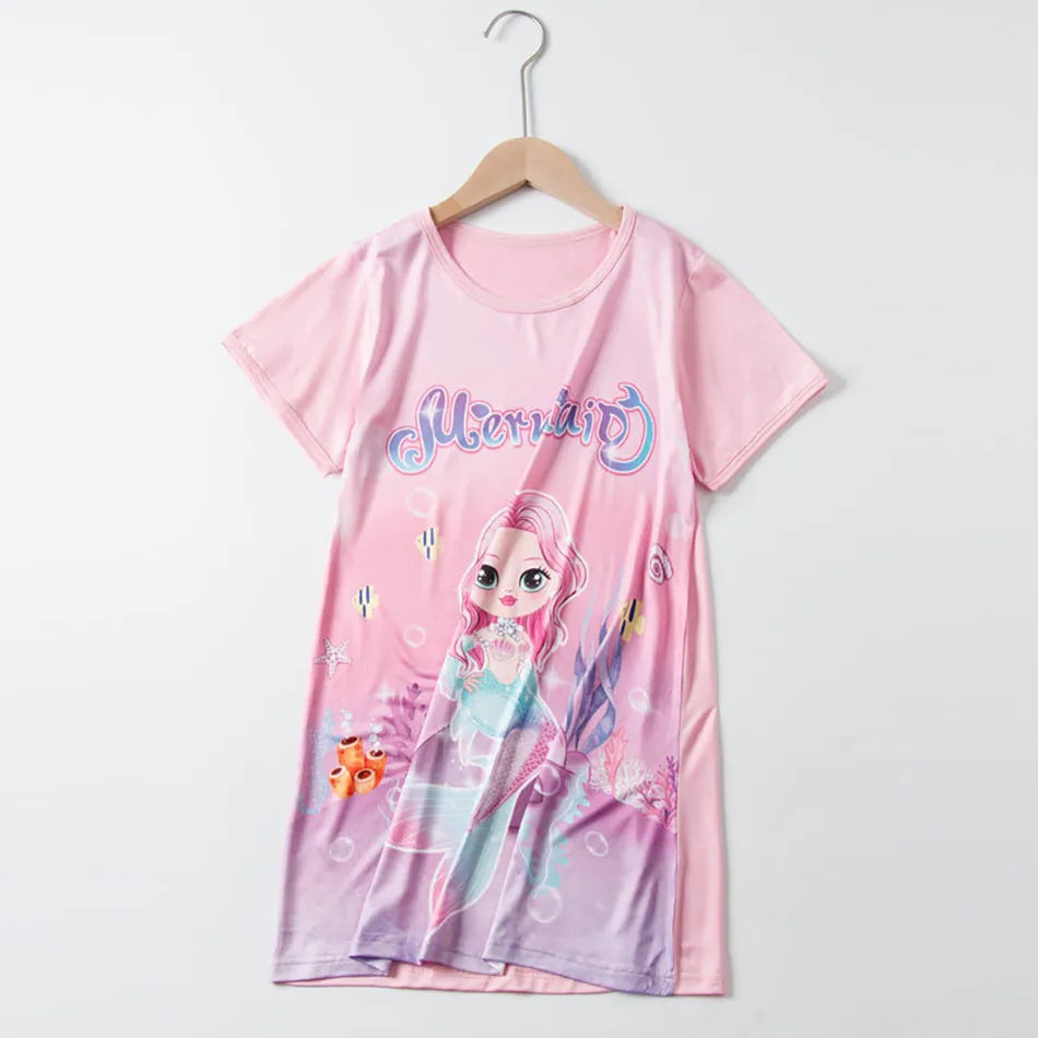 Girl Mermaid Dress Children Short Sleeve Summer Princess Dress Breathable Cartoon Print Girls Soft Silk Nightgown Kids Sleepwear