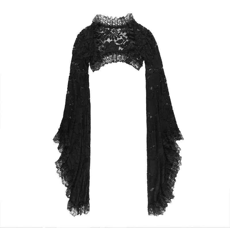Gothic Classic Lace Cover Ups Women Mesh Crop Top See Through Sexy Flare Sleeve Blouse Y2k Black Rave Outfit Festival