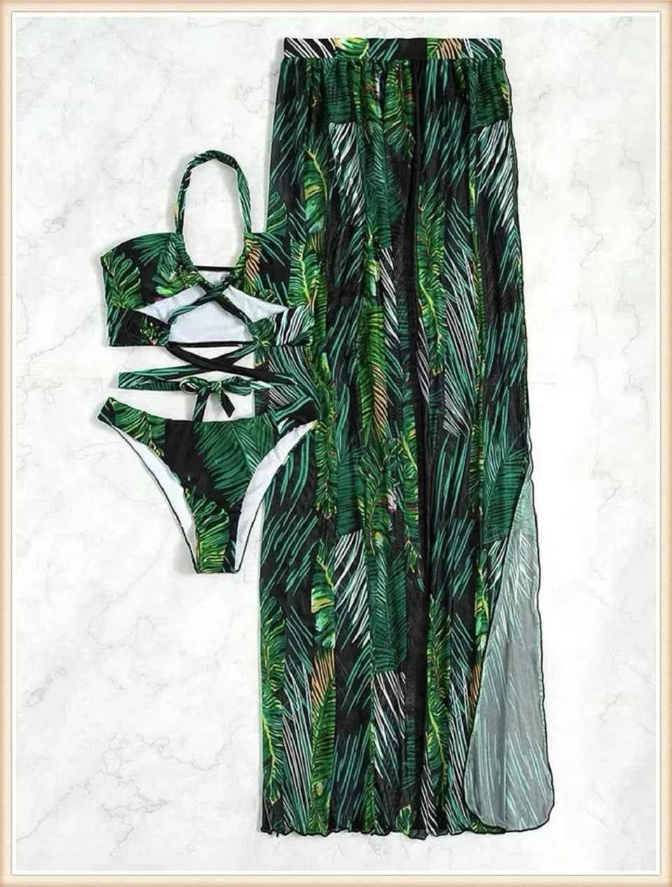3 Pieces Print Cross Bikini 2025 Women Sexy Halter Swimsuit & Cover Up Beach Dress Swimwear Bathers Bathing Swimming Suit Summer