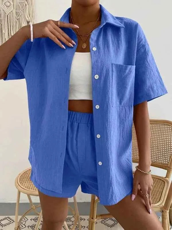 Women's Cotton Suit  Short Sleeve Casual Elegant Green Soild Two Piece Set Women Outfit Suit Shorts and Shirt for Women