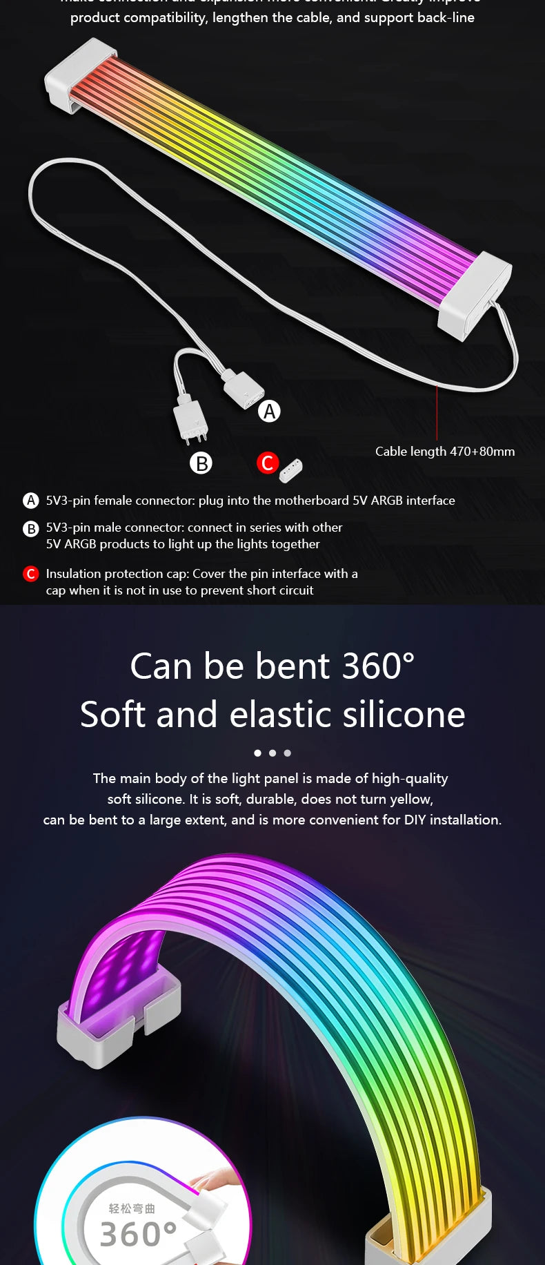 Computer Case Bendable ARGB Light Board,Suitable For Graphics Card 24pin/8pin/2x8pin/12VHPWR/Motherboard Decorative light strip