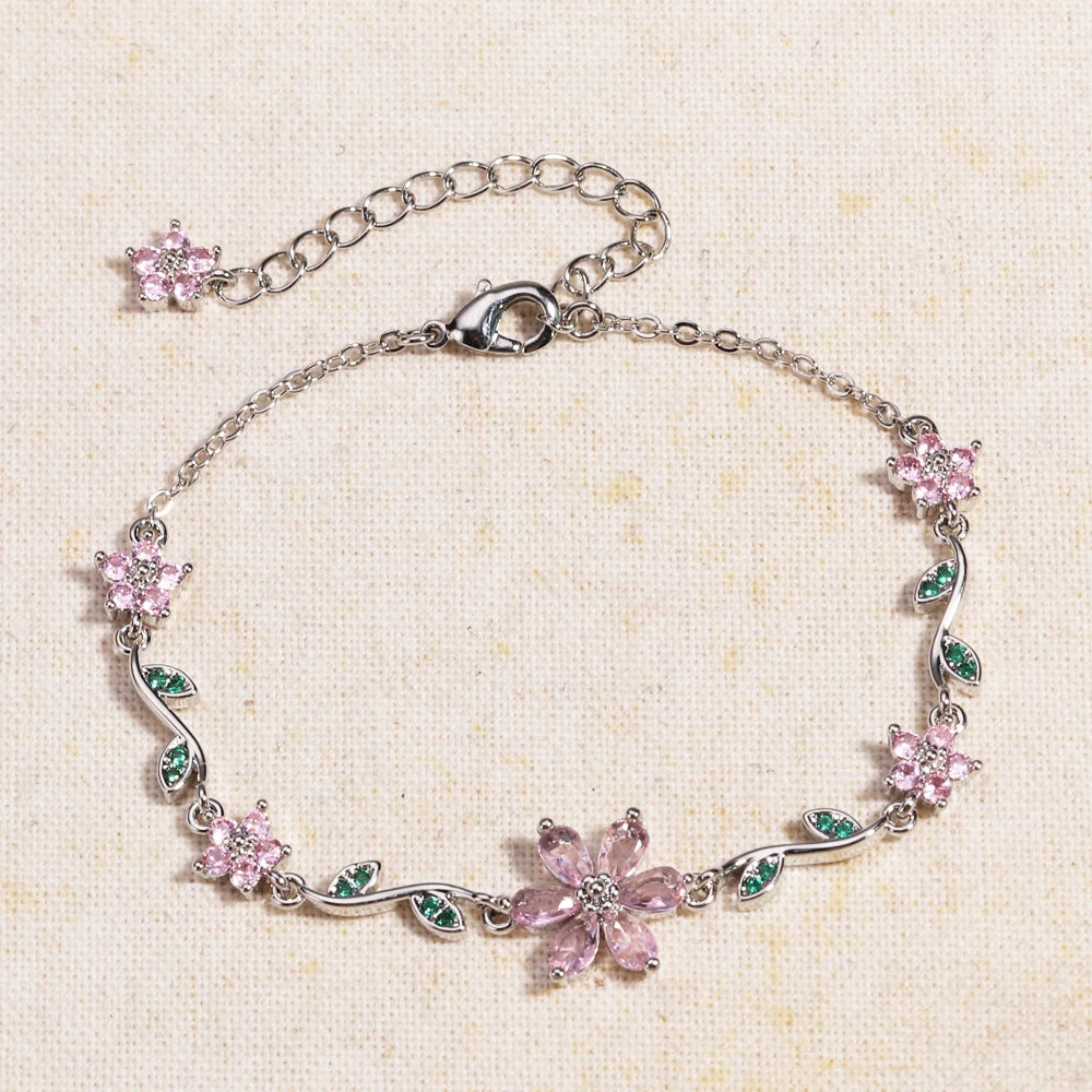 Luxury New Fashion Exquisite Green Leaf Flower Bracelet For Women Pink Cubic Zirconia Chain Shiny Rhinestone Bangle Jewelry