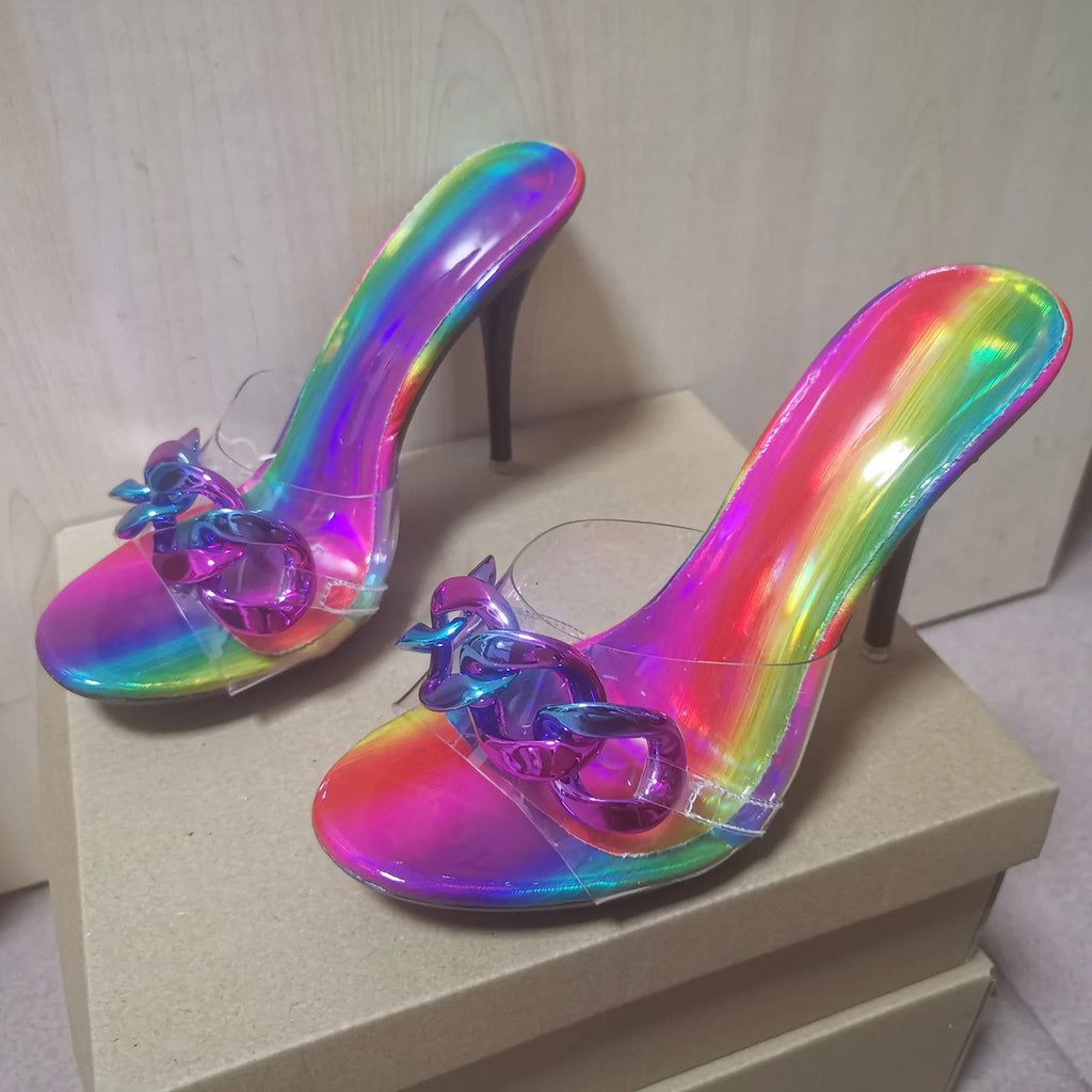 2022 New Diamond Chain Women Pumps Slippers Thin High Heels Party Shoes Fashion Solid Color Summer Dress Sandals Shallow Mouth