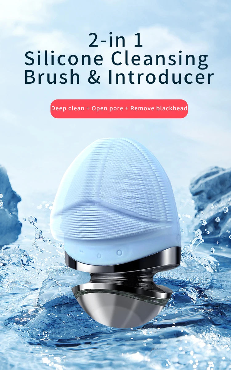 2 in 1 Electric silicone EMS LED 3 Modes Facial Cleansing Brush Introducer Beauty Device Ultrasonic Face Cleaning Massage Tool