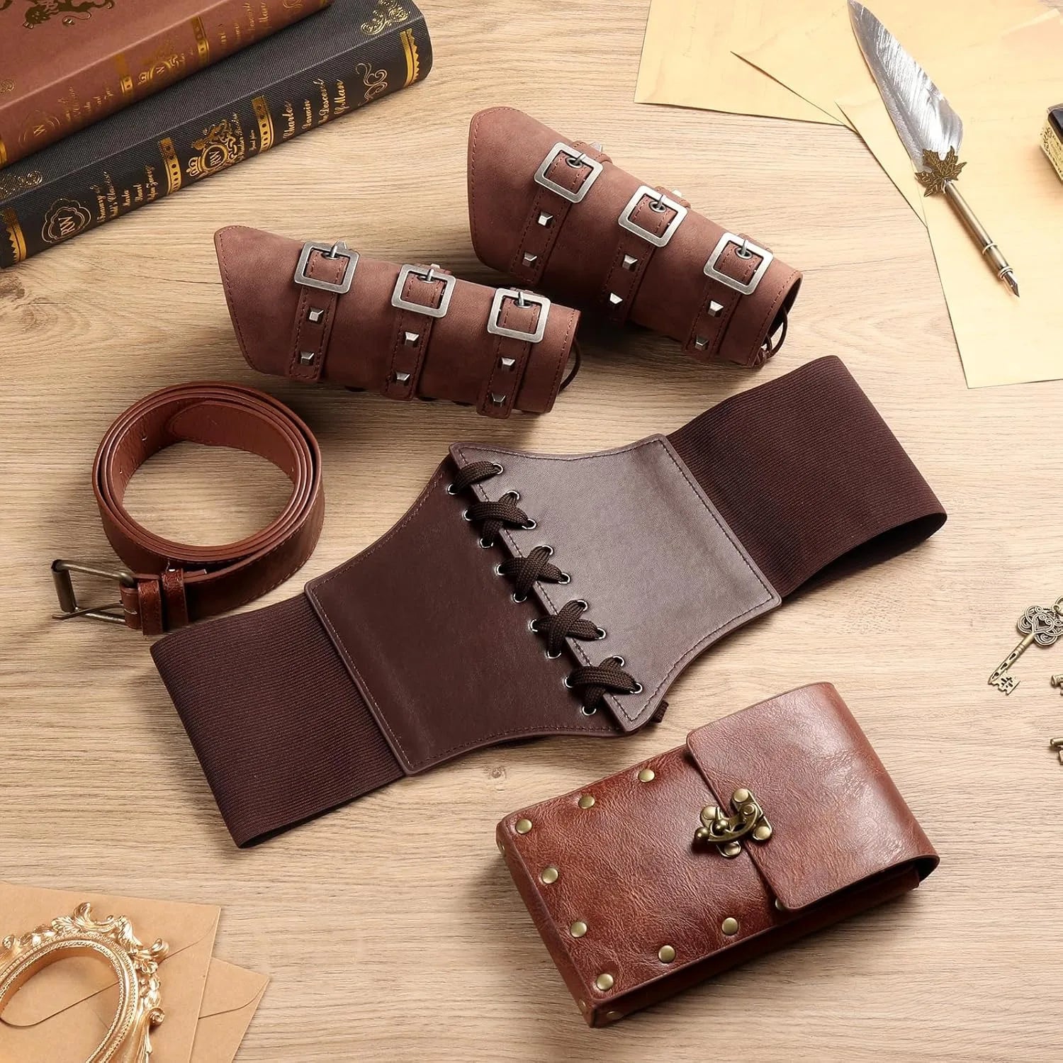 5pcs/4pcs Medieval Renaissance Costume Set Wallet/Belt/Pouch/Keychain Corset PU Leather Belt Wallet Hiking Steunk Viking Cosp