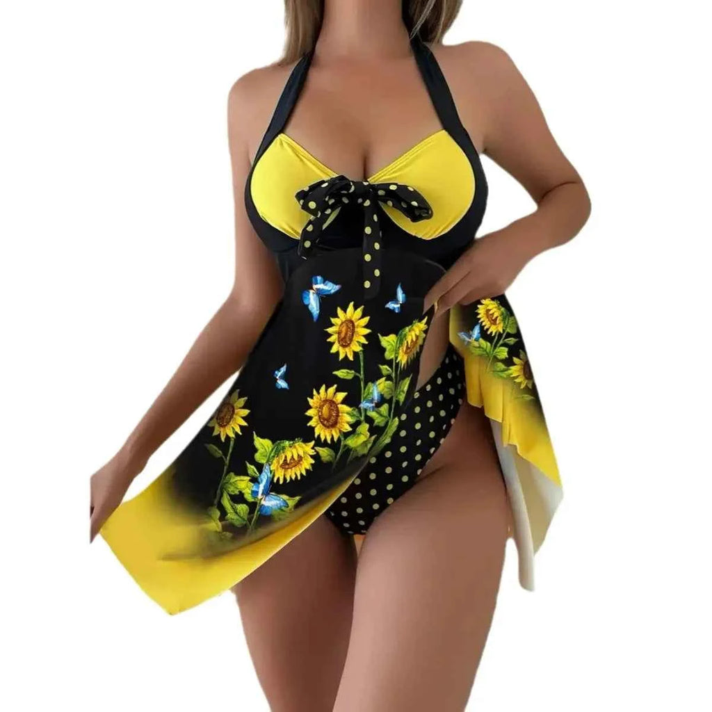 New 2025 Women's Two-Piece Bikini Set Yellow Sunflower Print Maxi Dress Style Swimsuit Floral Patterned Separate Swimsuit