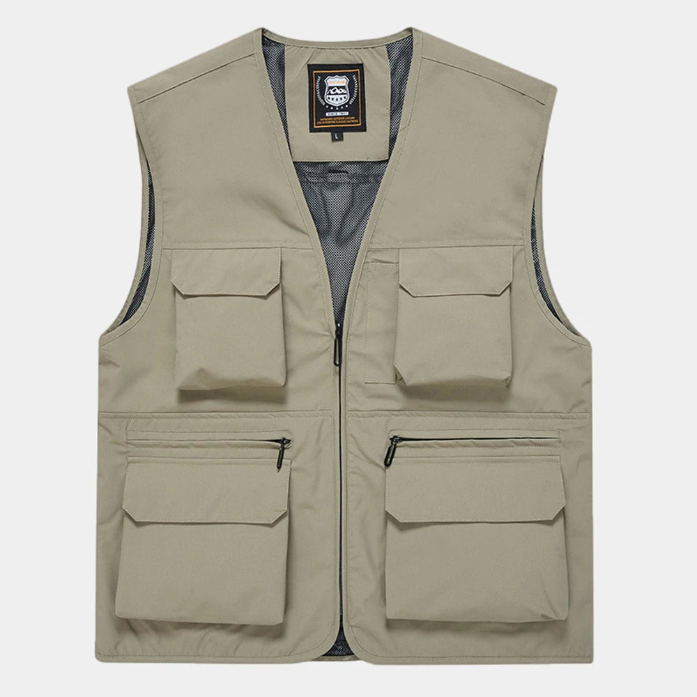FGKKS Brand Men's Fashion Vest Solid Color Tooling Style Waistcoat Thin Multi-Pocket Casual Loose Vest for Men