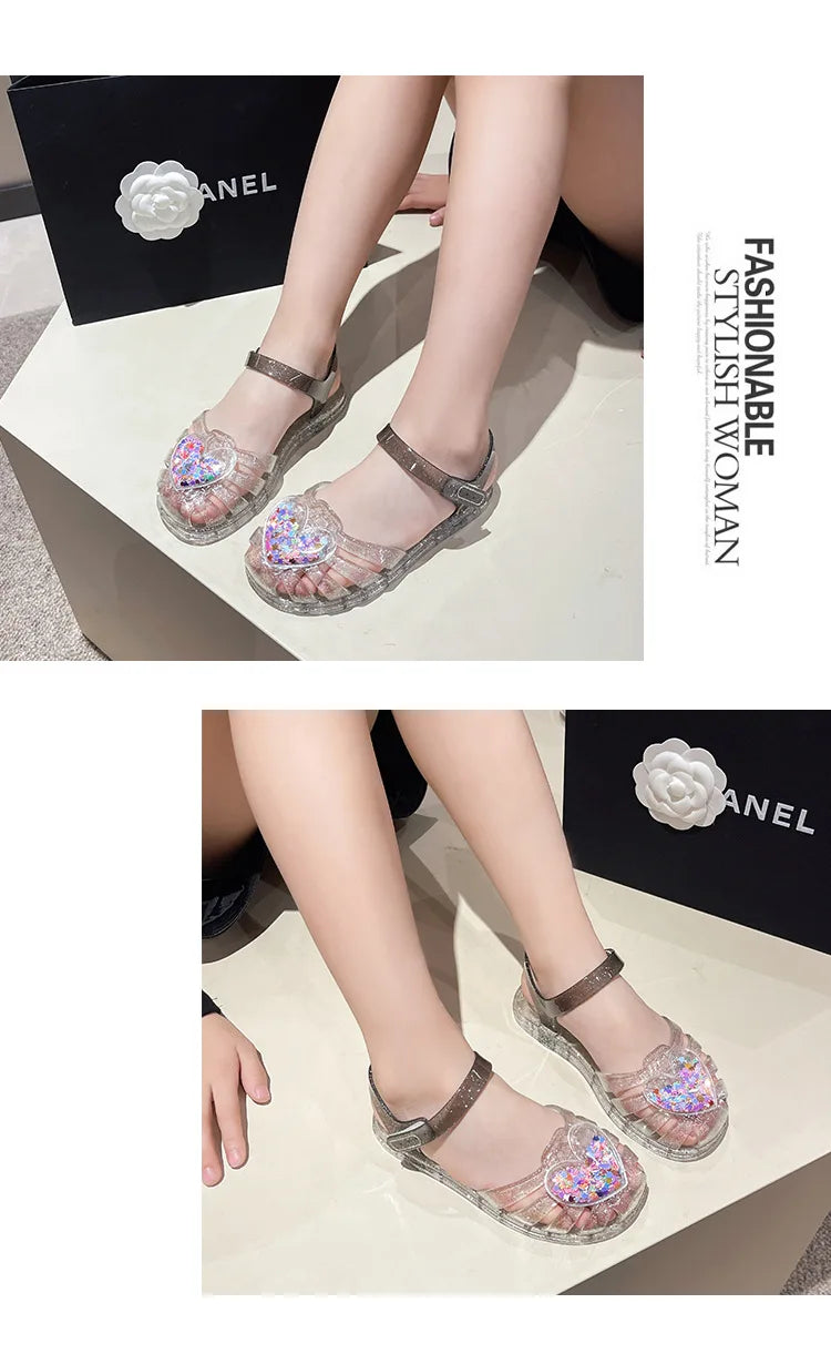 2026Kids' Sandals Ourdoor Crystal Jelly Shoes PVC Love Baby Fashion Flat For Girls Breathable Anti-slip Purple Sliver Size 24-35