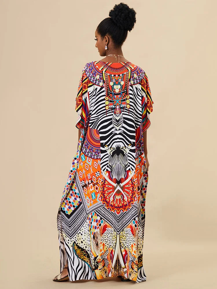 EDOLYNSA 2023 Bohemian Printed Loose Kaftan Casual Summer Vacation Maxi Dress Women Clothing Beach Wear Swim Suit Cover Up Q1469