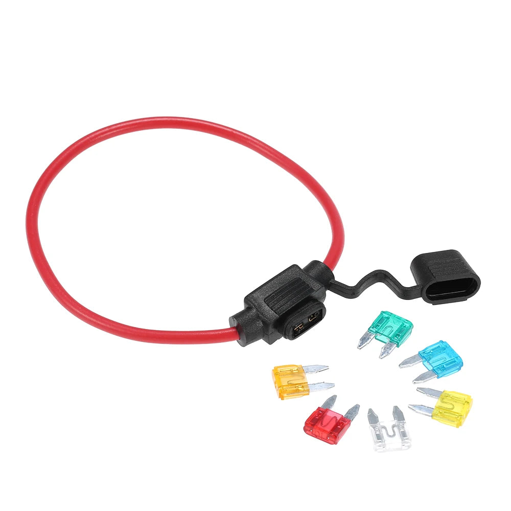 12V Car Automotive In-Line Mini Blade Fuse Holder Fuses with Splashproof Casing with 6 Fuses 5A 10A 15A 20A 25A 30A