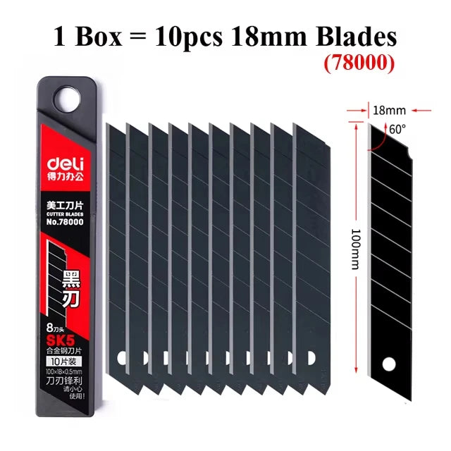 Deli Heavy Duty Utility Knife Sharp Black SK5 Carbon Steel Blades 9mm/18mm/Auto-Retractable Box Cutter for Cardboard Cartons