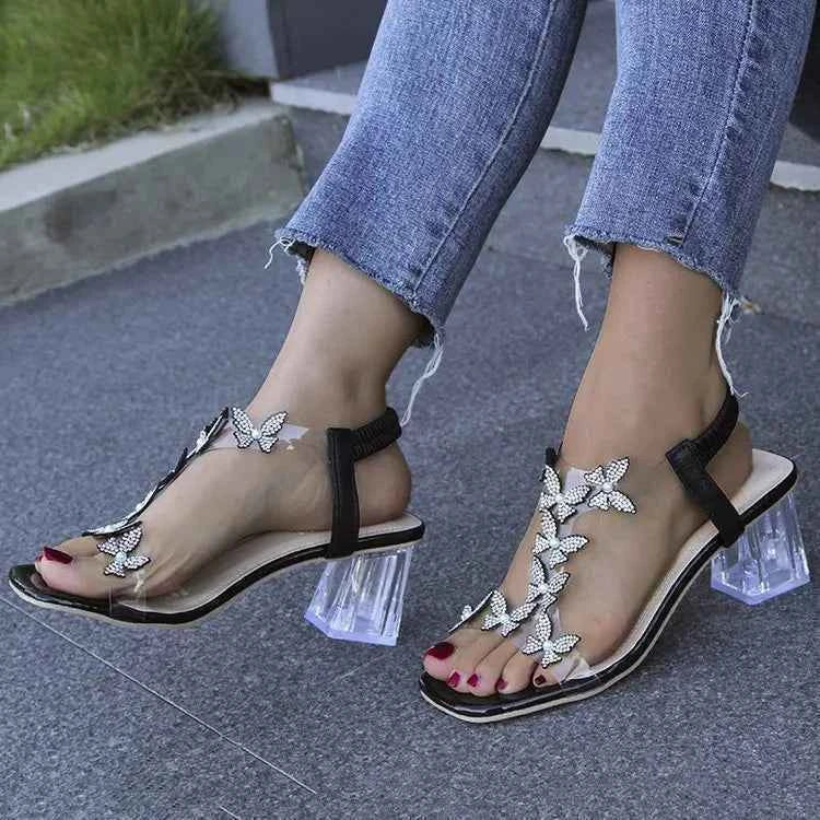 2024 Summer Rhinestone Butterfly Sandals, New Crystal and Fashion Transparent High Heels, Casual Street Women's Shoes