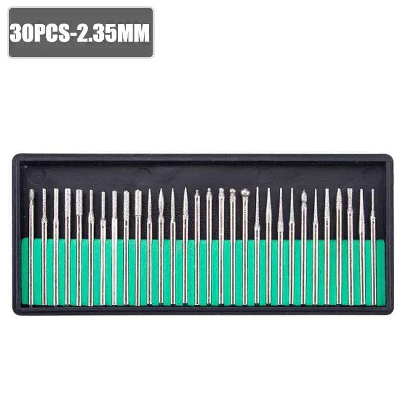 30pcs Diamond Burr Set with Case – 2.35/3mm Shank for Dremel & Rotary Tools, High Abrasive Grinding Polishing Drill Bits