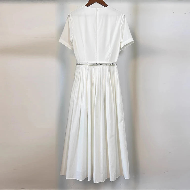 Seifrmann printed white background poplin dress 2025 autumn round neck short sleeved waist cinched long skirt belt dress