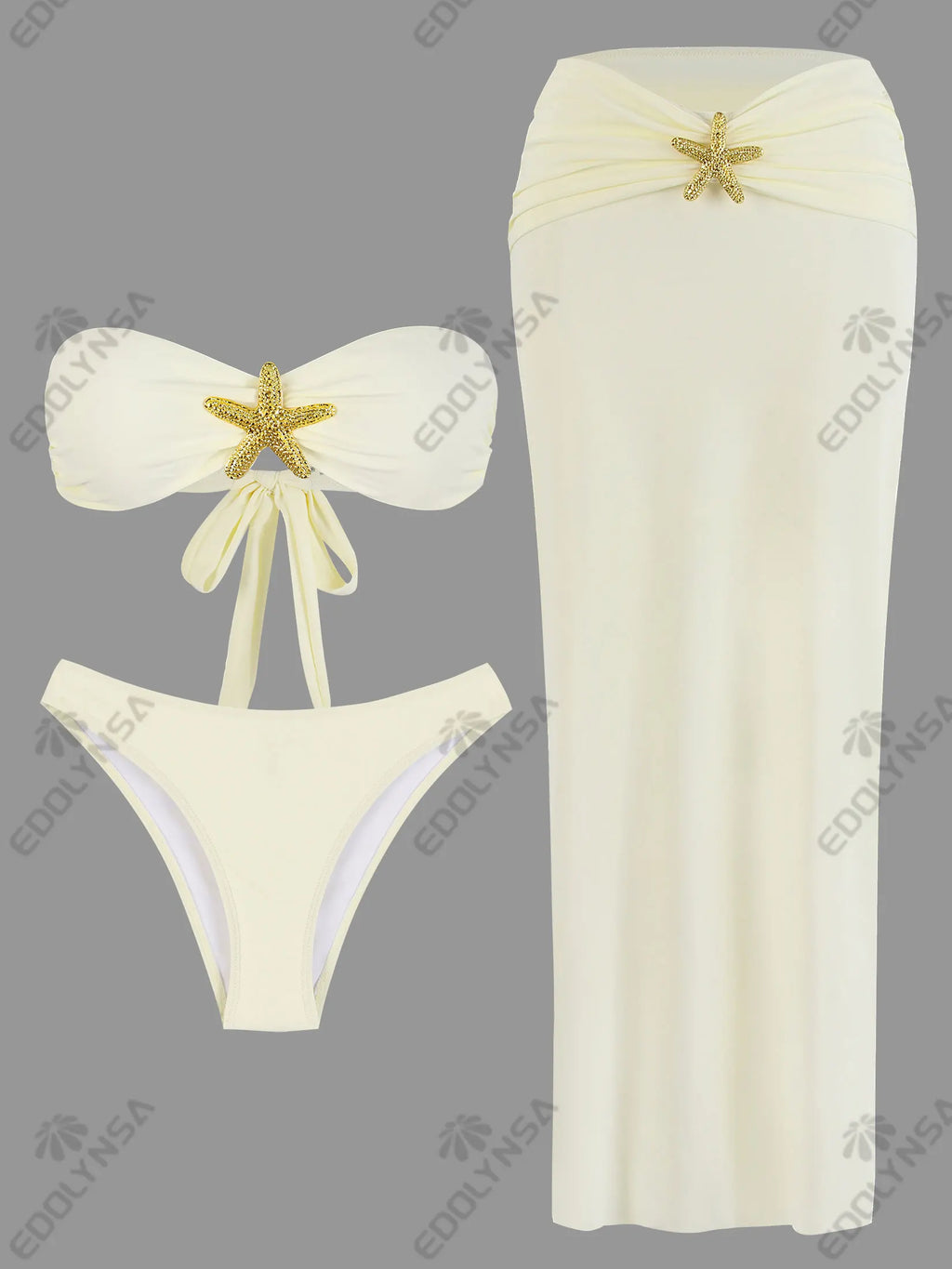 3 Piece Swimsuit Sets Female Bandeau Bikini Sets Starfish Bathing Suit Women Pleated Beach Party Dress Sexy Honeymoon Dress K162