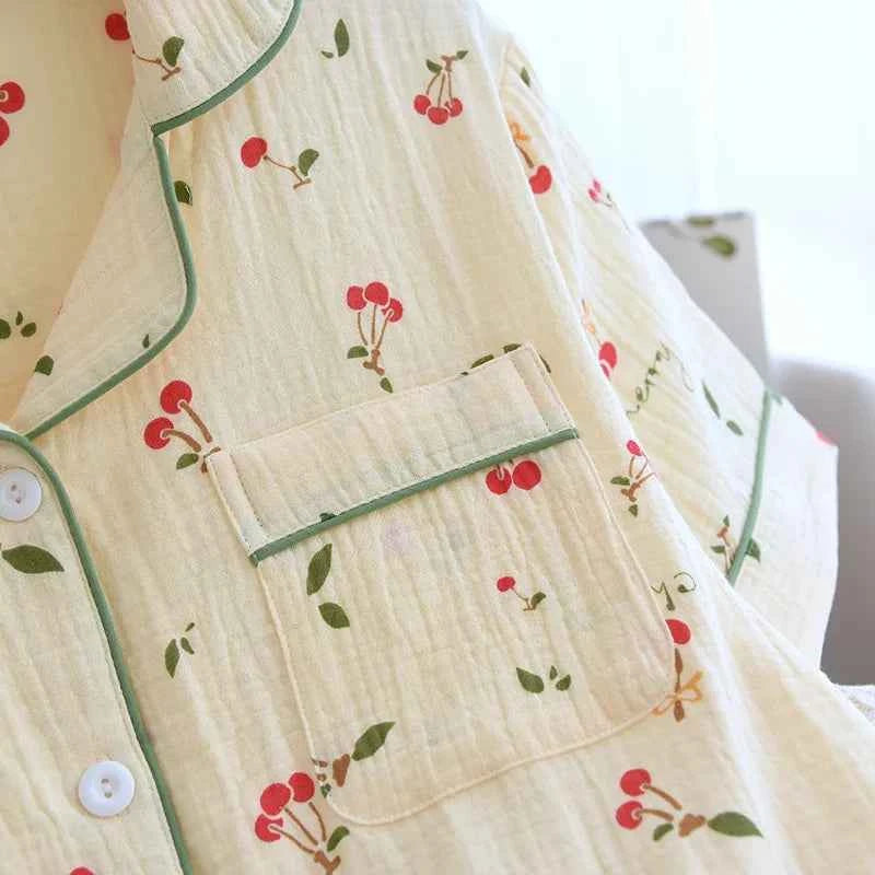 2024 New Summer Autumn Women Pajamas 100% Cotton Gauze Cherry Print Sleepwear Female 2 Piece Set Nightwear Pyjamas Loungewear