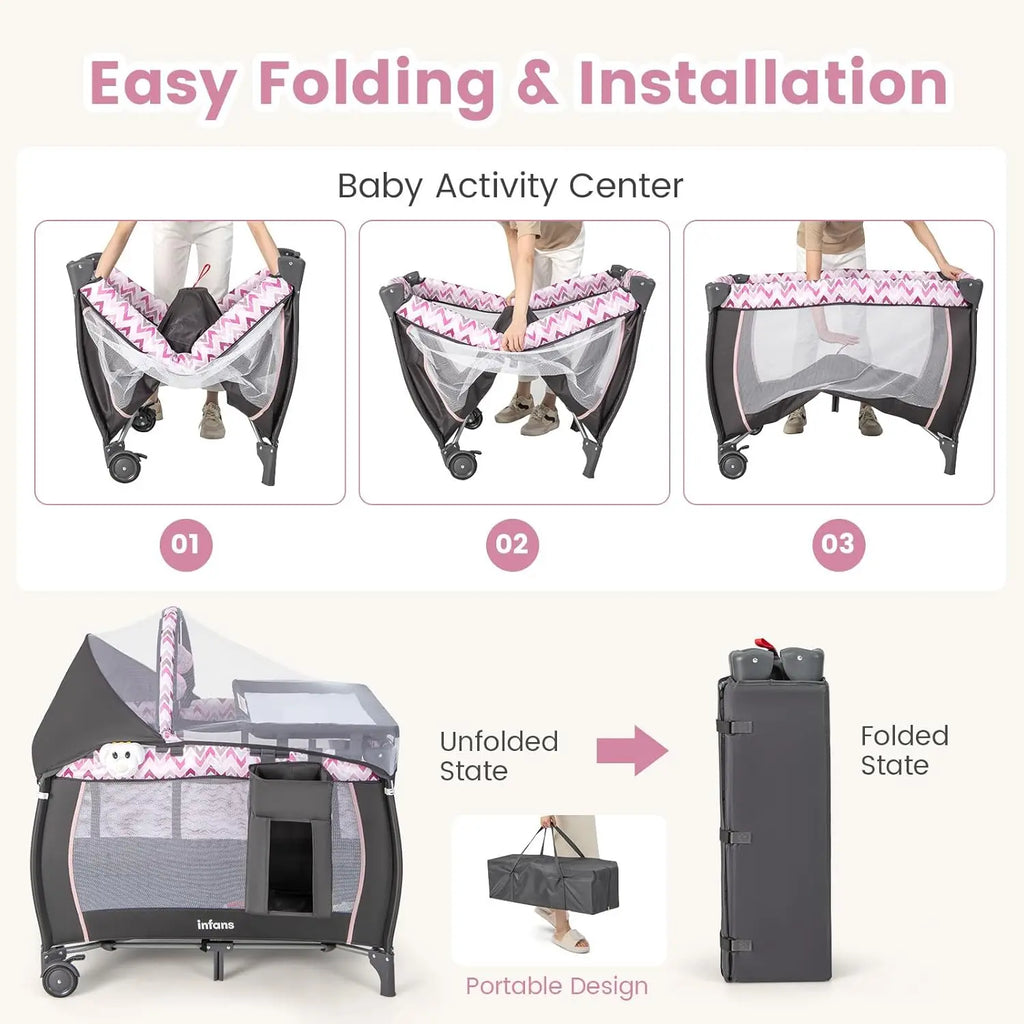 4-in-1 Portable Baby Playard with Bassinet, Changing Table, Canopy & Toys for Newborns to Toddlers (Pink)