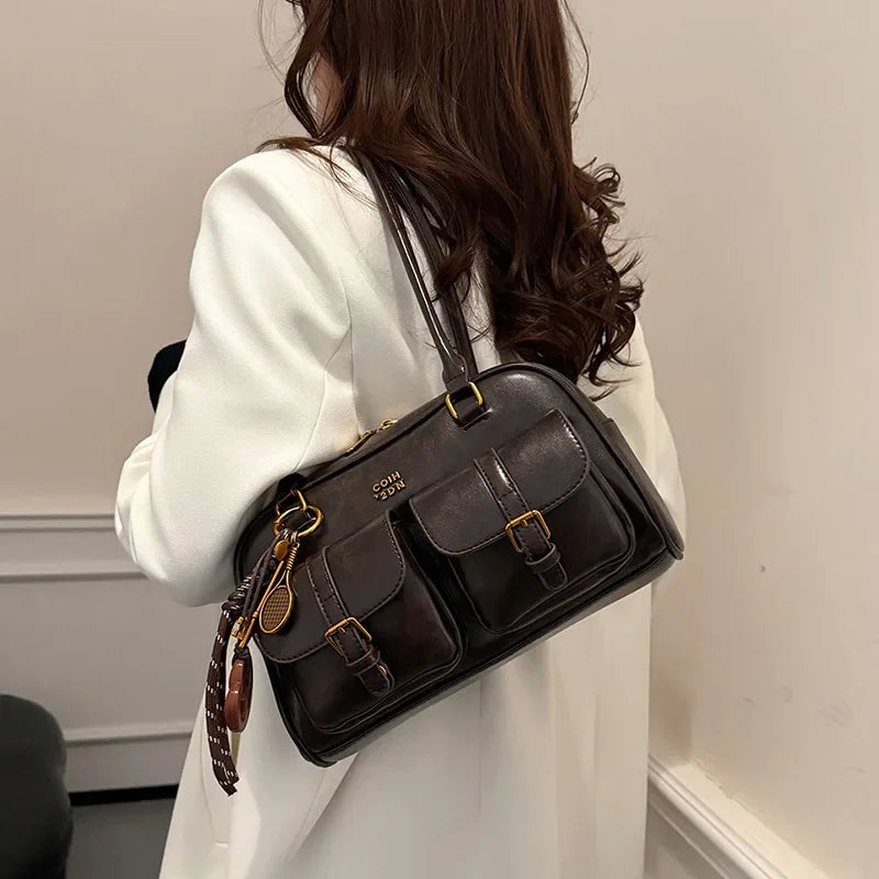 Women Multi Pocket Shoulder Tote Bag with Golden-Tone Hardware & Letter, Stylish Handbag Purse for Travel, Work, Shopping, Dates