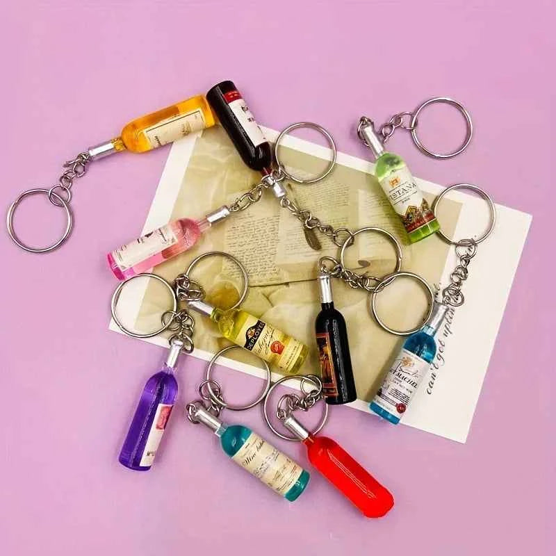 9 Style Wine Bottle Keychain Miniature Alcohol Keyring Cute Novelty Bag Charm Wine Lovers Gift Adult Party Favors Small Pendant