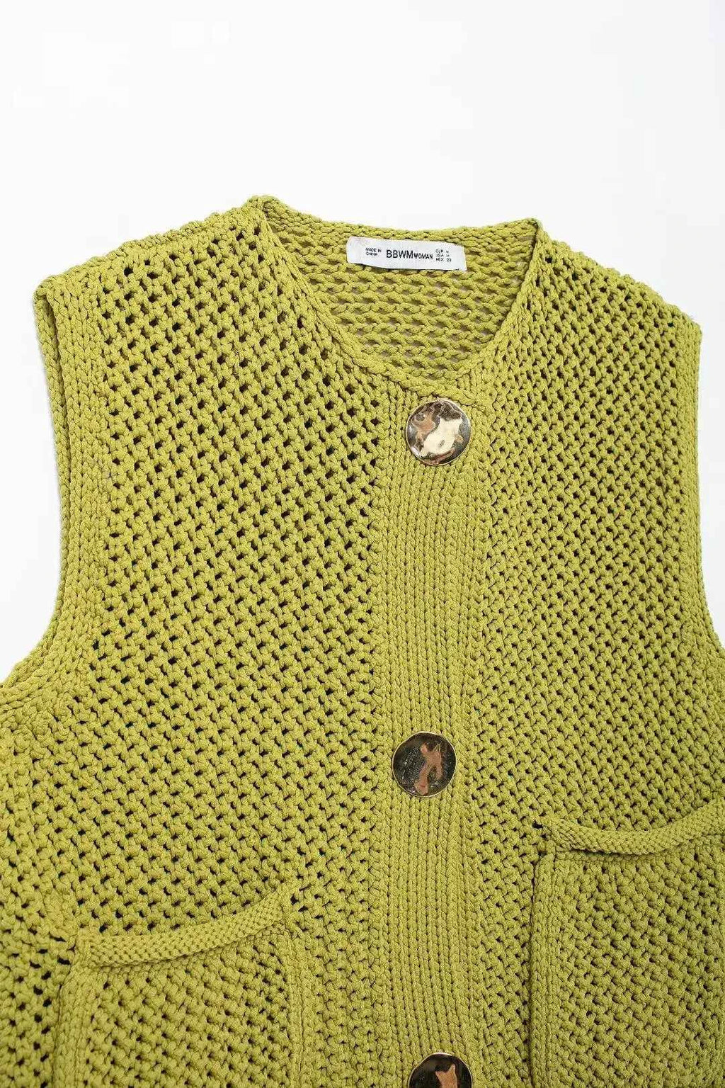 Women Fashion Sleeveless Coarse Needle Knitting Vest Sweater Female Chic Big Pockets Patch Buttons Cardigan Waistcoat Tops