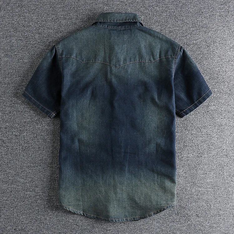Summer New American Retro Short Sleeve Lapel Denim Cargo Shirt Men's Fashion Pure Cotton Washed Old Multi-pocket Casual Blouses