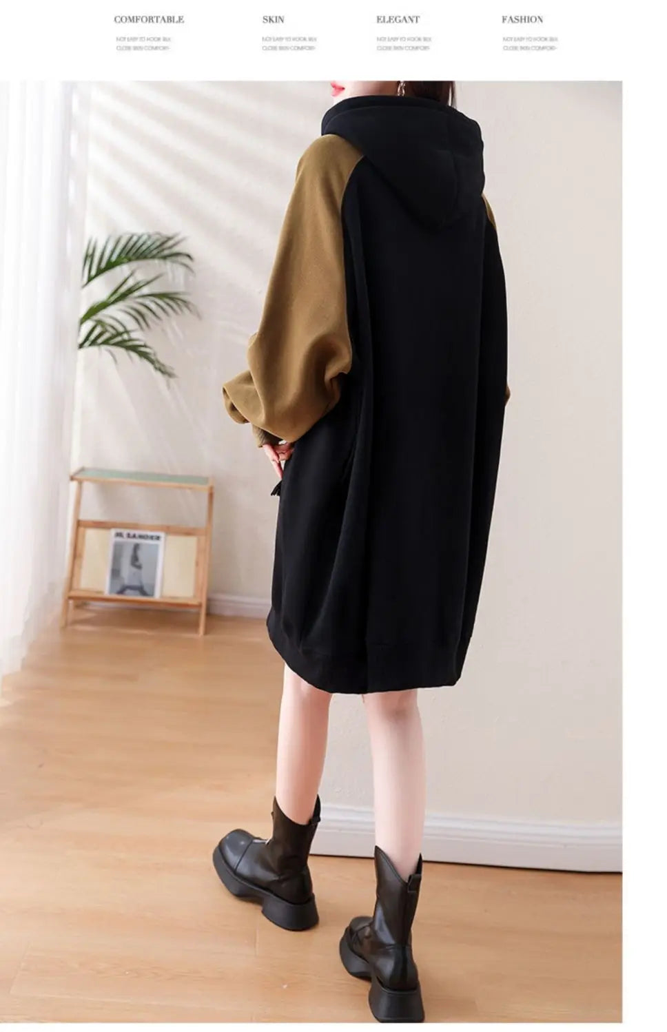 Winter Women Clothing Oversized Cartoon Fleece Dress New Hooded Drawstring Thicken Warm Female Casual Midi Long Sleeve Dresses