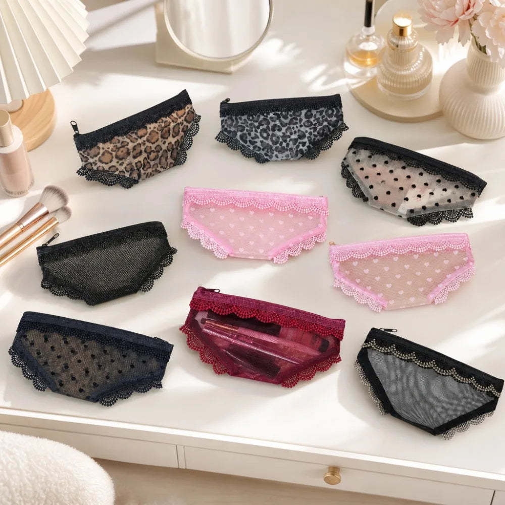 New Briefs Shape Cosmetic Bag Mesh Lace Heart Makeup Storage Pouch Y2K Transparent Toiletry Bag Storage for Travel