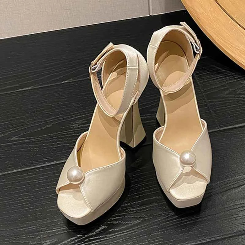 Liyke Brand Fashion White Black Chunky Platform Sandals Women Pearl Design Square Toe Super High Heels Elegant Party Prom Shoes