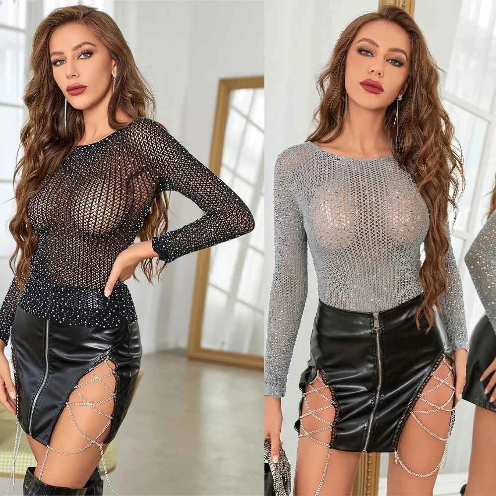 FHSEER 1pcs Women's Sexy Fishnet Bodysuit See-Through Long Sleeve Sparkle Rhinestone T-Shirt Slim Fit Stretchy Top Clubwear