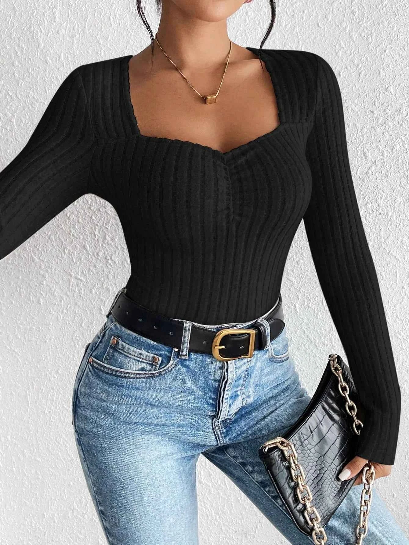 Women's Fashion Diamond Collar Knitted Base Shirt Casual Long Sleeve Top Knitwear Trendy Elegant Style