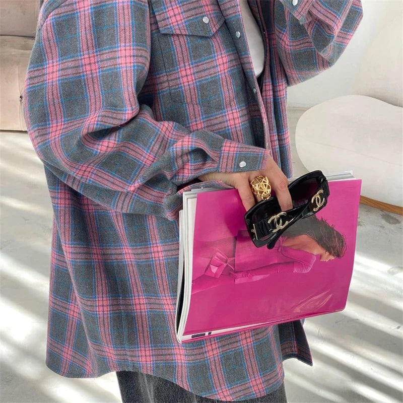 Vintage Plaid Blouse Women Spring Summer Korean Pocket Long Sleeve Lapel Shirt Fashion Streetwear Y2K Clothes 2026 Oversize Tops