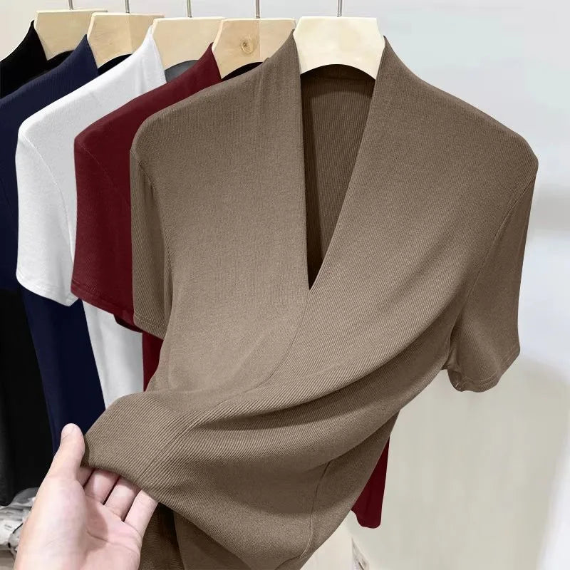 Summer Threaded Women's Short-sleeved T-shirt Fashion Versatile Base Shirt Plus Size Slim Fit V-neck T-shirt Casual and Sexy Top