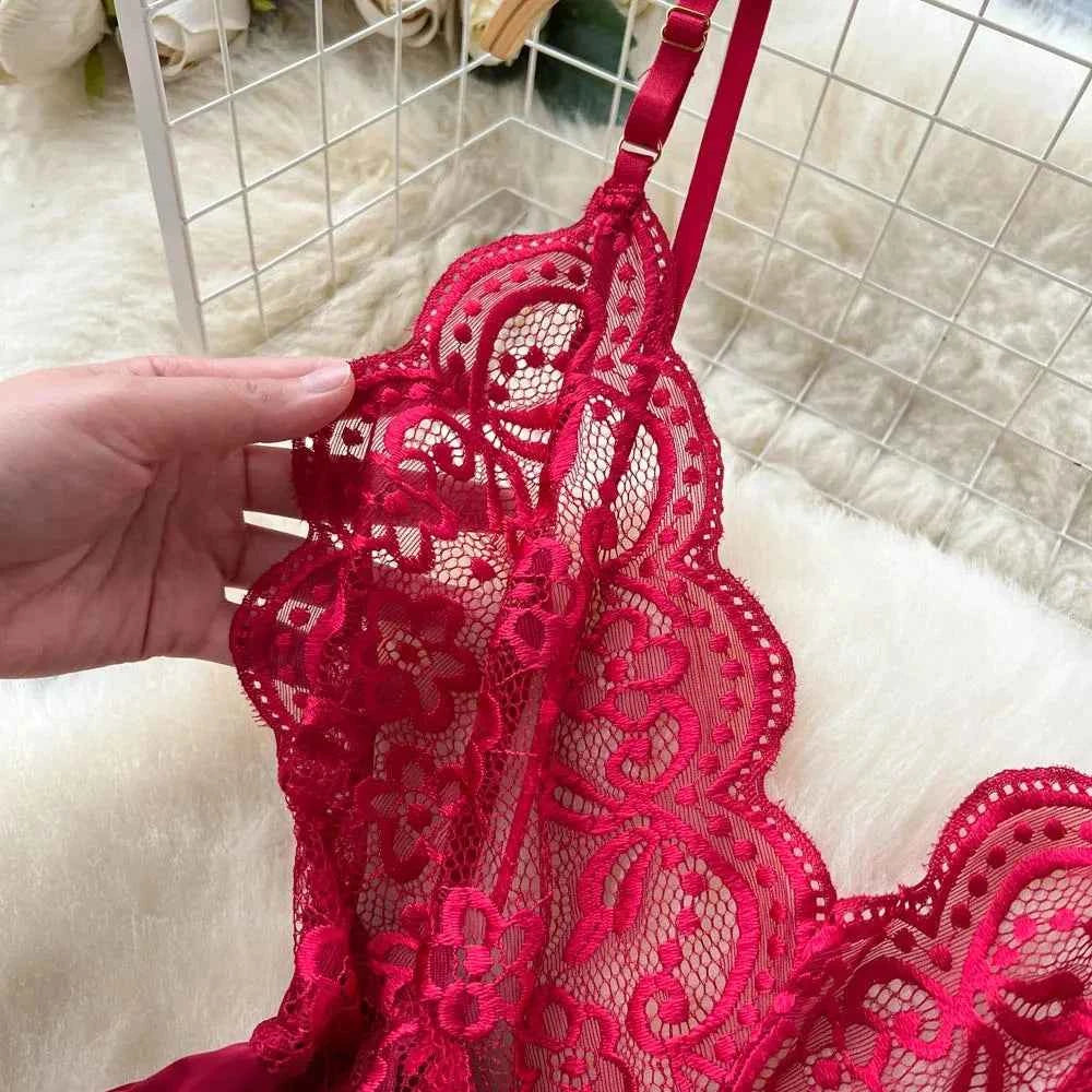 Women's V-neck Sexy Elegant Lace Camisole Jumpsuit Hollowed Transparent Tight Fitting Pajama Adjustable Shoulder Straps Hotsweet