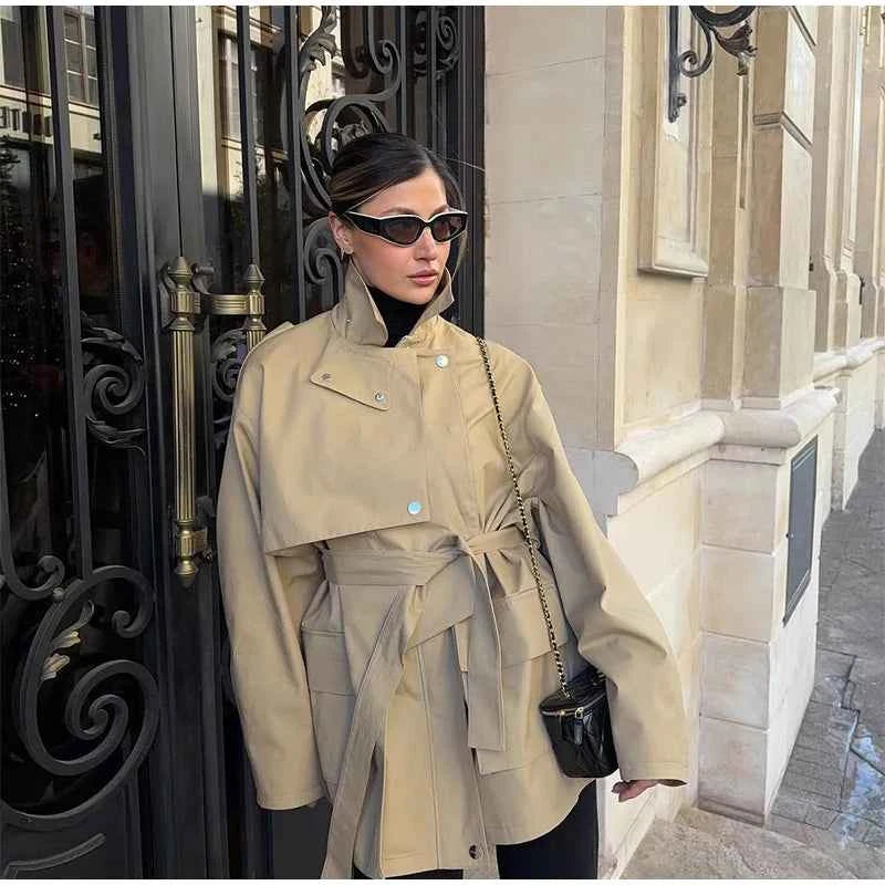 Cropped Lace-up Blue Casual Trench Coat Women Lapel Long Sleeve Wide Shoulder Windbreaker Jacket Fall Commute Daily Streetwear