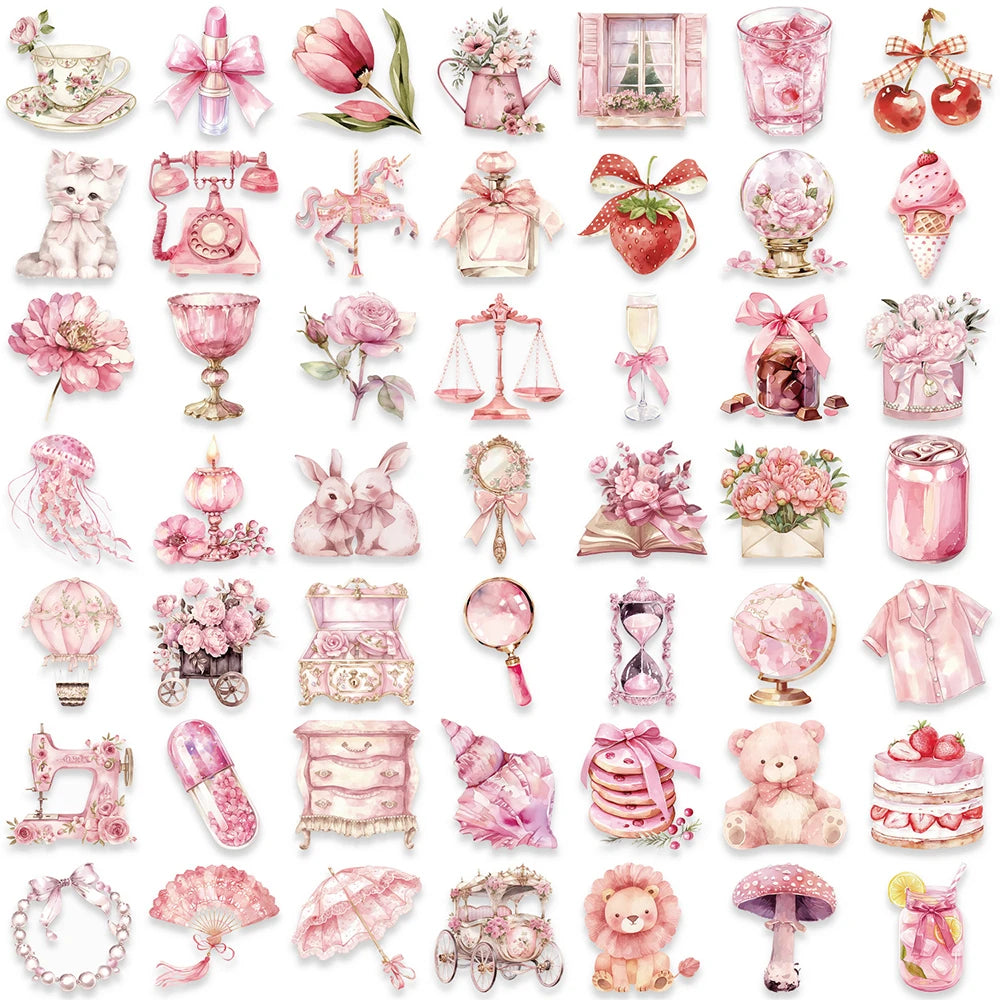 10/30/50pcs Pink Transparent Flowers Cartoon Stickers Aesthetic Waterproof Artistic Dreamy Decals Graffiti Stationery Laptop