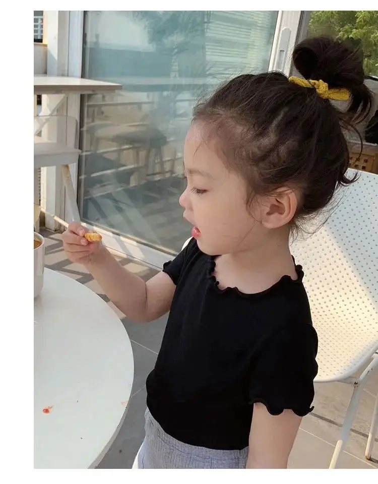 Girls' Casual Ice Silk Short-Sleeve T-Shirt, New Korean Style Children's Ruffled Top, Solid Color, Simple and Versatile