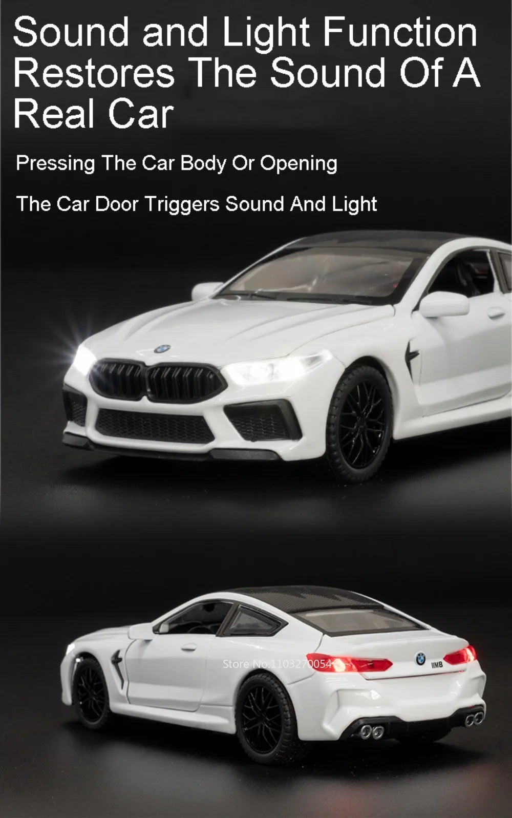 1:32 M4 M8 Miniature Car Alloy Diecast Model Toys 4 Doors Opened Rubber Tires Sound Light Pull Back Vehices Home Decor Ornaments