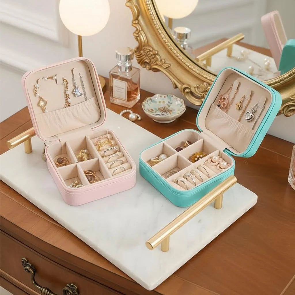 Portable Leather Travel Jewelry Box Organizer Case