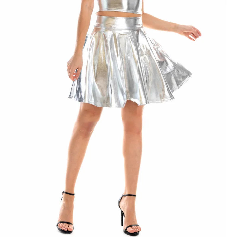 Women Summer Sexy Laser Skirts Mini PU Leather Club Party Dance Shiny Holographic Skirts Harajuku JK Metallic Pleated Skirts