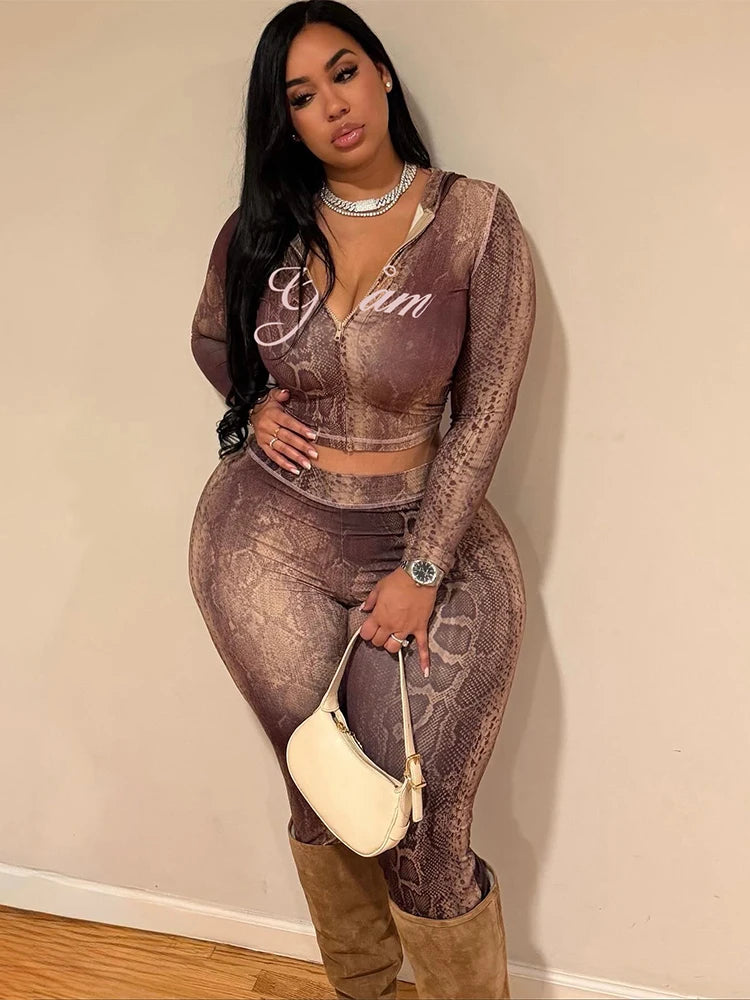 Weird Puss Letter Snake Print Tracksuit 2-Piece Set Women Patchwork Zip Jacket+Pants Matching Casual Stretch Streetwear Outfits