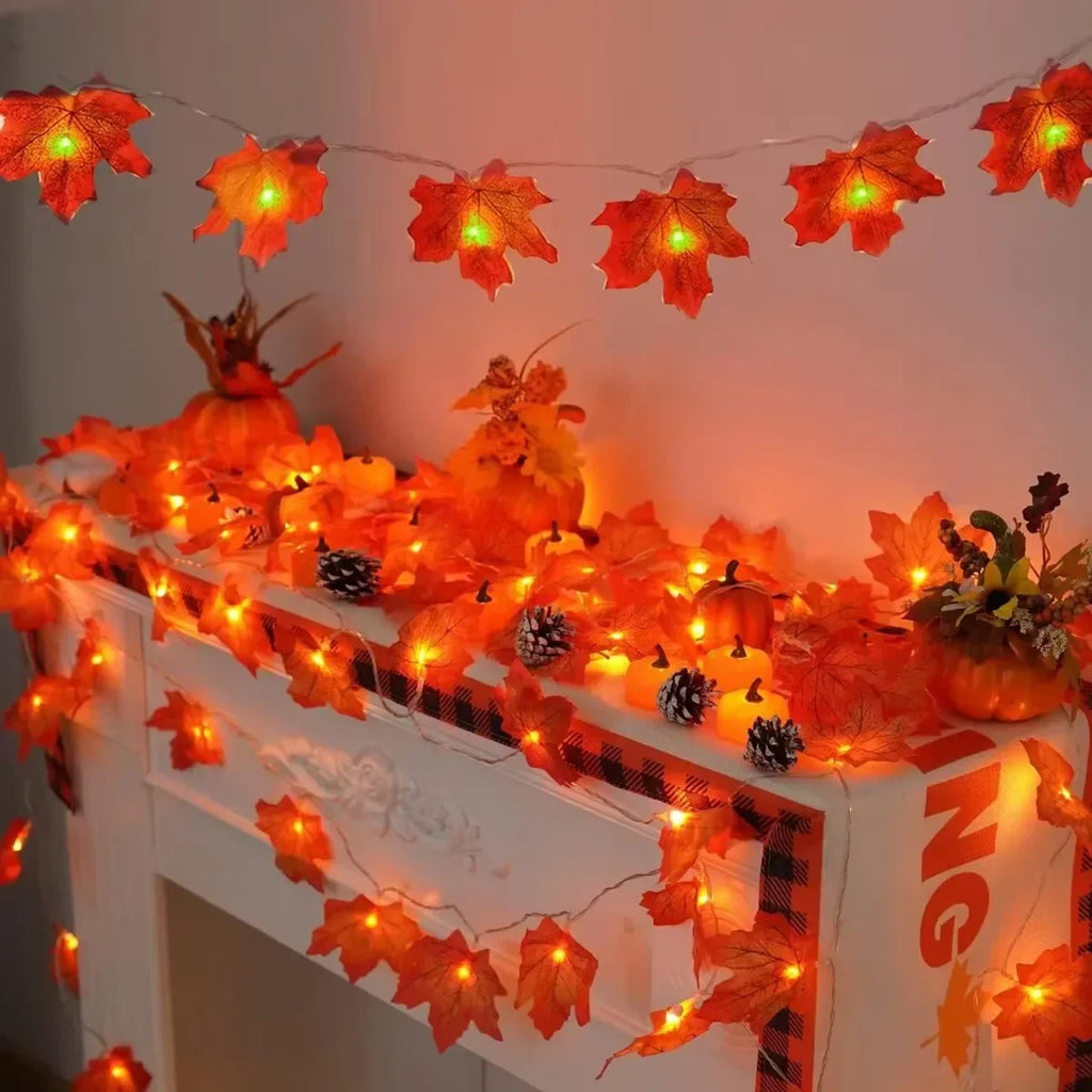 Indoor Home Autumn Harvest Festival Decor 1PC 3D Pumpkin & Maple Leaves String Lights Halloween Thanksgiving Decor Lamp