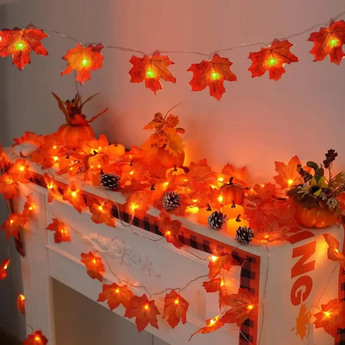 Indoor Home Autumn Harvest Festival Decor 1PC 3D Pumpkin & Maple Leaves String Lights Halloween Thanksgiving Decor Lamp