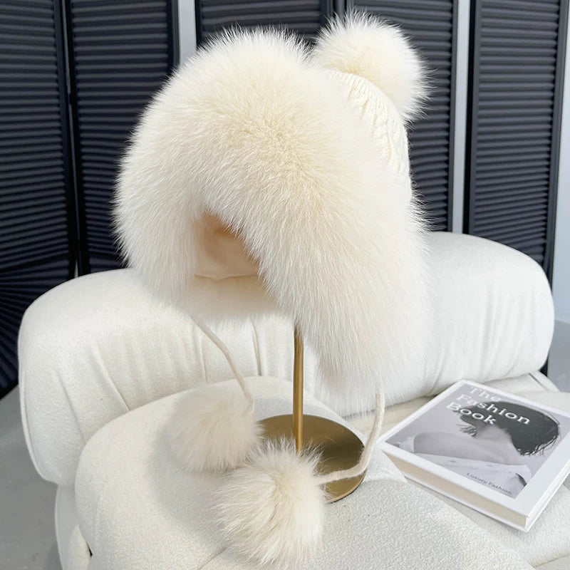Winter Women Real Fox Fur Hat Fashion Casual Outdoor Warm Knitted Hats Girl Lovely 100% Natural Fox Fur Ear cap bomber caps