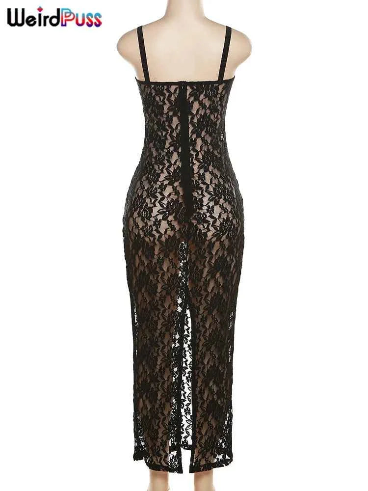 Weird Puss Lace Black Women Maxi Dress See Through Sleeveless Ladies Sexy Coquette Nightclub Party Bodycon Slim Fit Vestidos